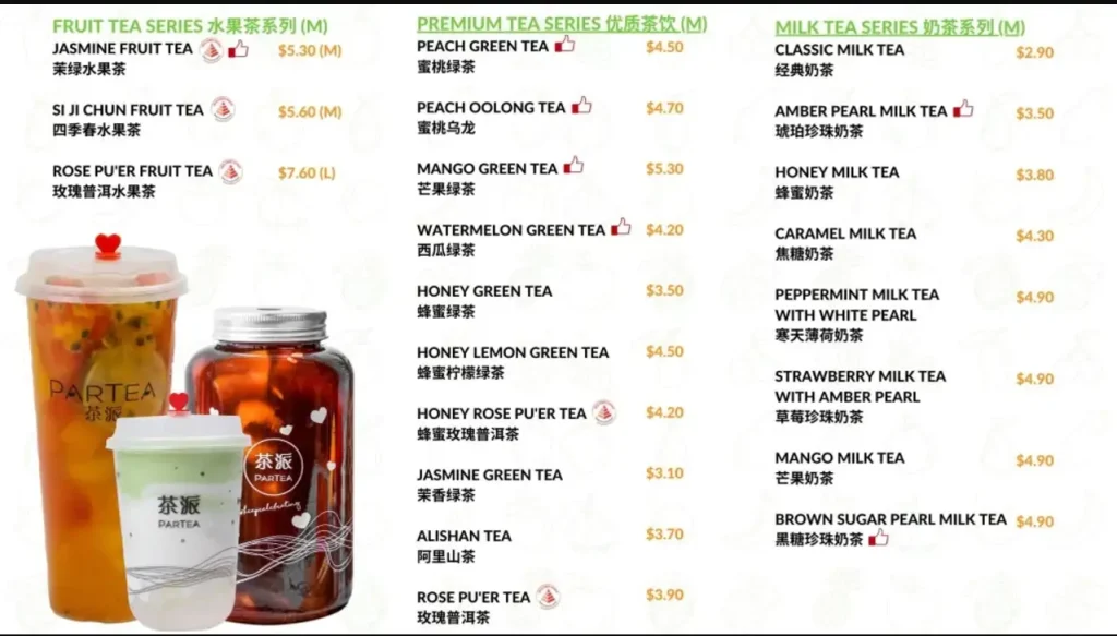 PARTEA MENU SINGAPORE PRICES